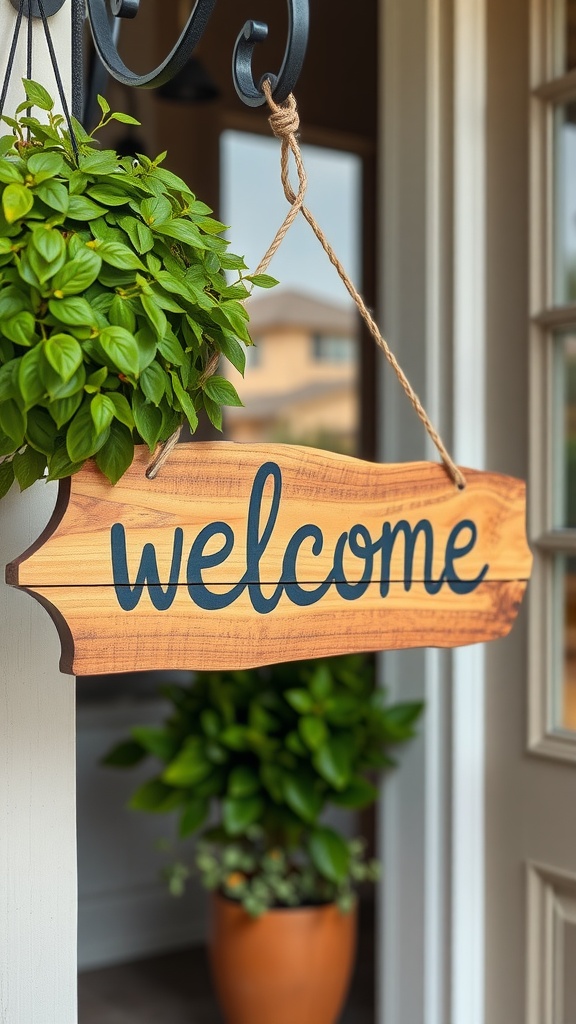 A wooden welcome sign hanging on a porch with a plant in a pot.