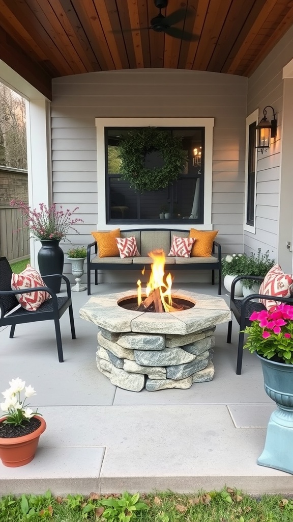 Cozy porch with a fire pit surrounded by chairs and decorative plants