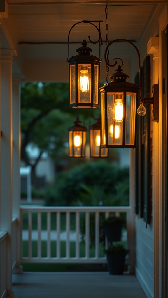 Outdoor entryway with hanging lanterns providing warm lighting