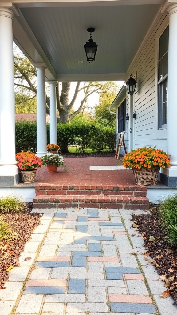 Pathway leading to a farmhouse front porch with flower pots and brick steps