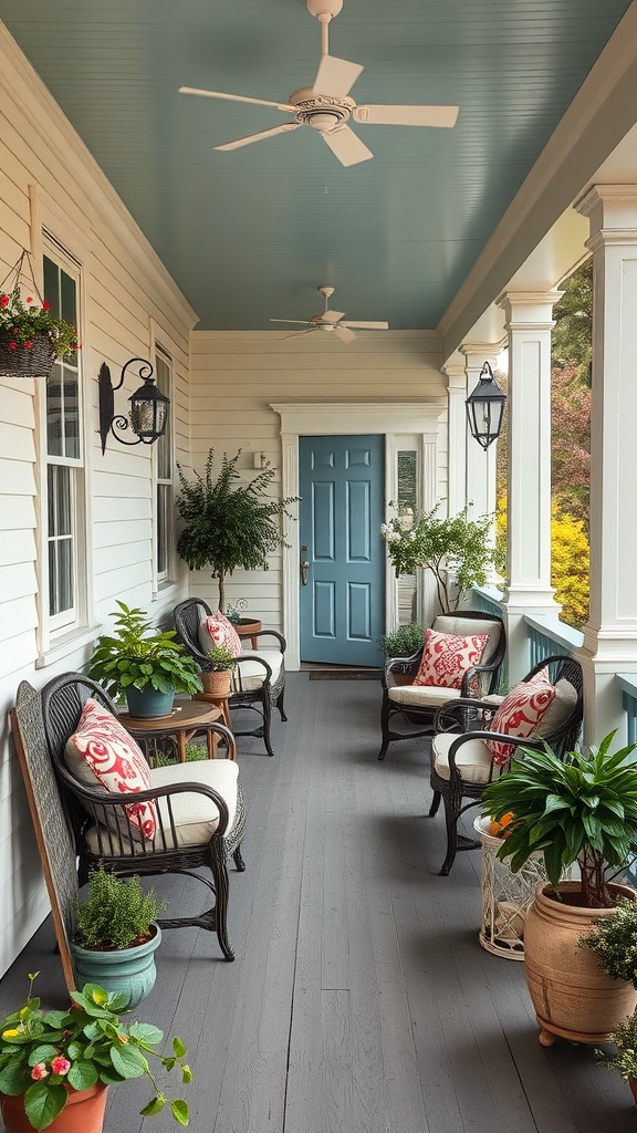 A rustic farmhouse porch with comfortable seating and plants.