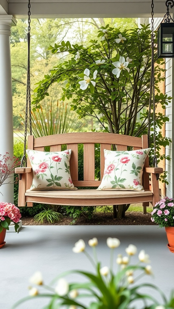 A wooden porch swing with floral cushions surrounded by greenery and blooming flowers.