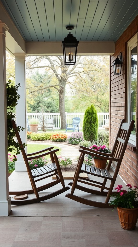 Two wooden rocking chairs on a farmhouse front porch with plants and flowers