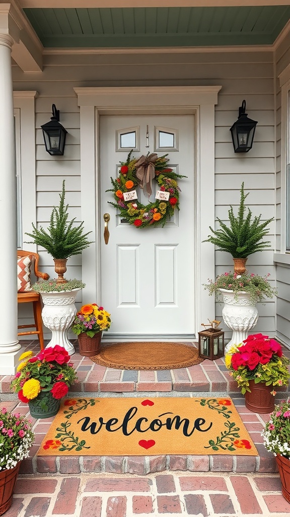 Front porch with decorative welcome mats and a bright orange door.