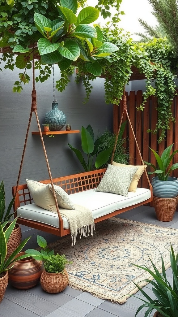 A cozy outdoor seating area featuring a hanging wooden bench with white cushions and decorative pillows, surrounded by lush green plants and vines. A patterned rug lies on the floor, and a blue textured vase decorates a small shelf.