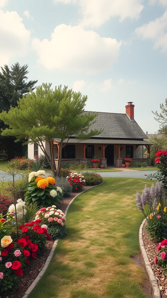 A picturesque rustic farmhouse with a wrap-around porch surrounded by vibrant flower beds and a lush green lawn.