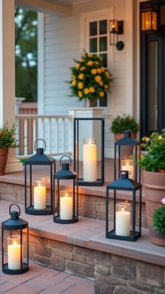 Front porch steps of a farmhouse with lantern lighting and decorative plants.