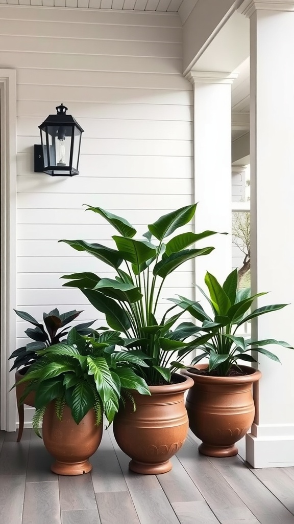 Three large terracotta planters with lush green plants on a modern front porch.