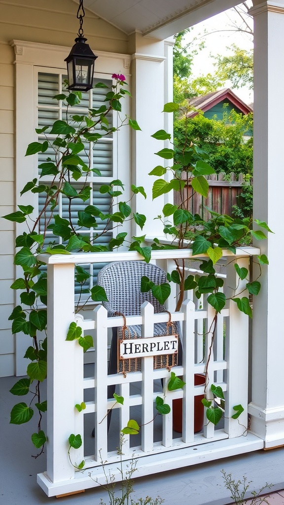 A white lattice panel railing adorned with greenery on a porch.