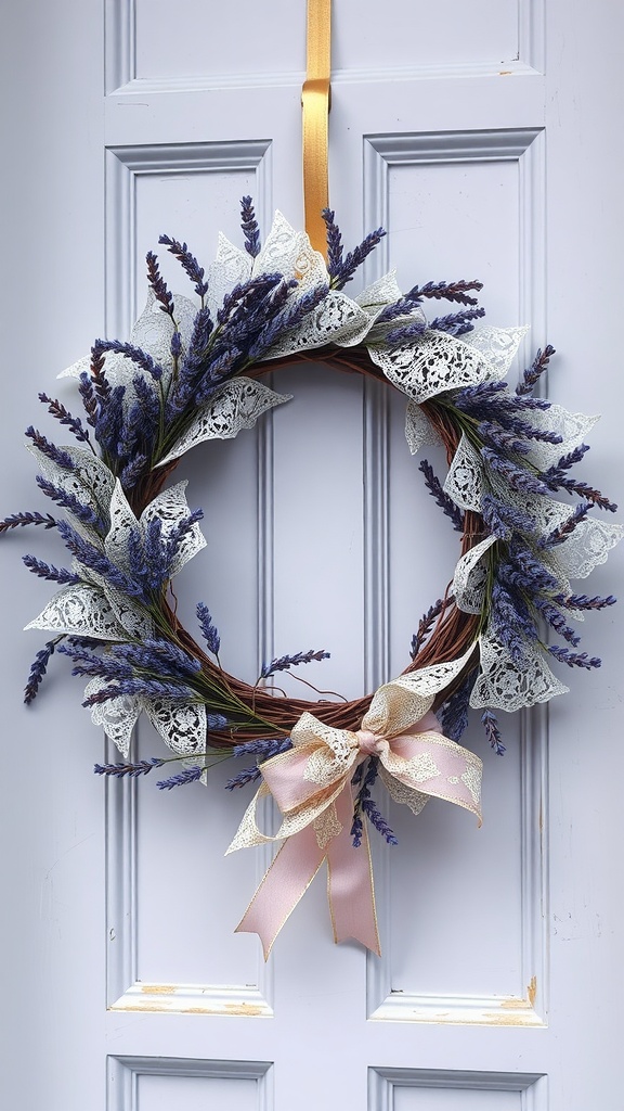 A lavender and lace wreath hanging on a door, featuring flowers and a bow.