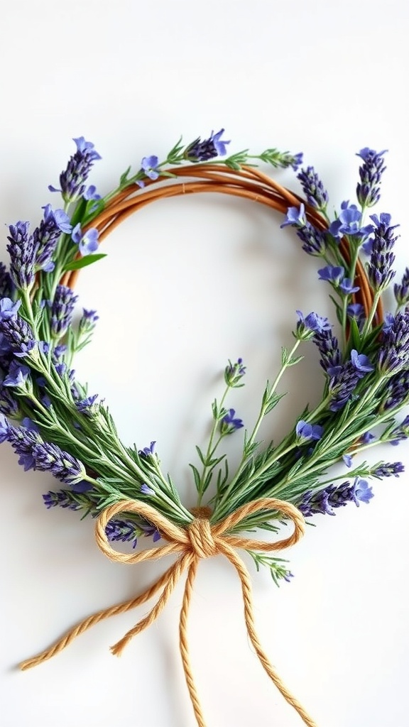 A lavender and rosemary floral wreath adorned with small blue flowers and a rustic bow.