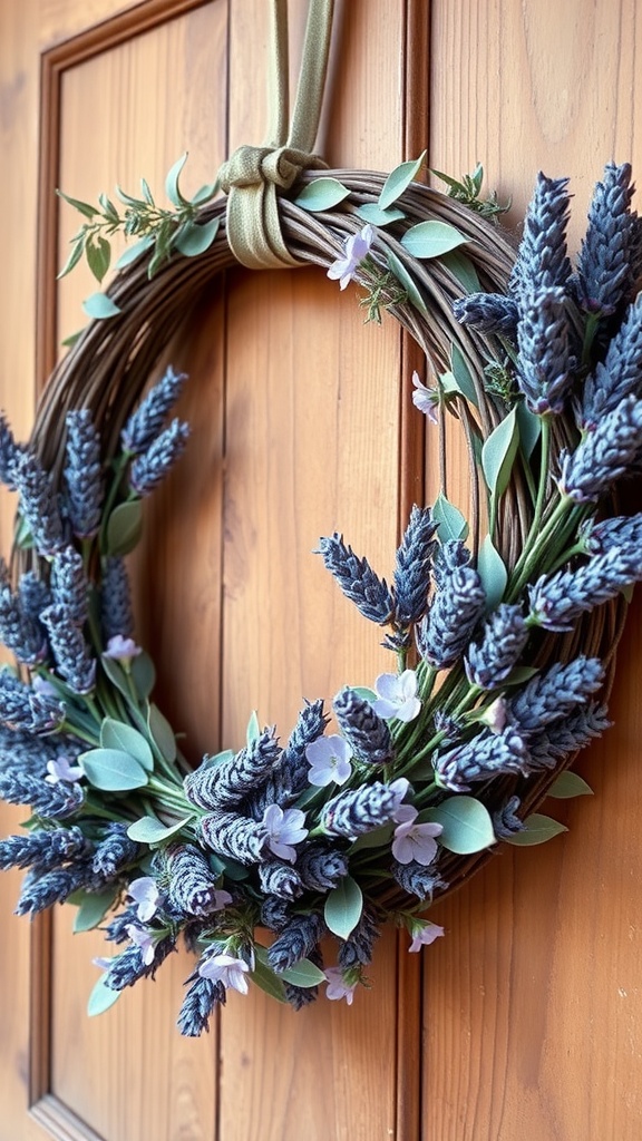 A spring wreath made of lavender and sage flowers, showcasing a beautiful fusion of colors.