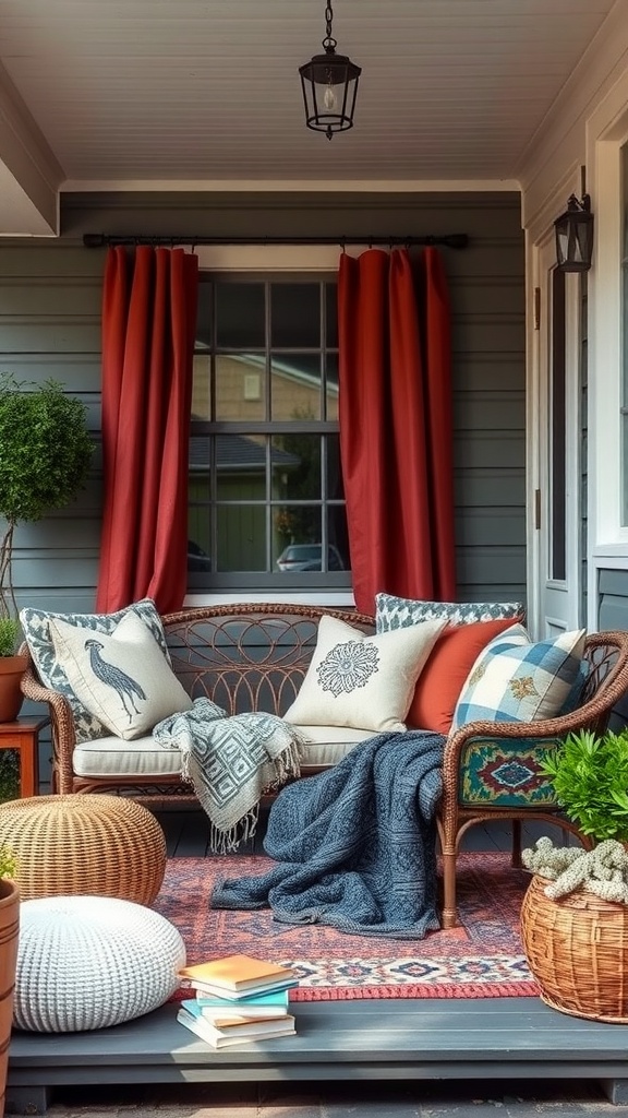 Small front porch with layered textures featuring a sofa, pillows, blanket, and decorative elements.