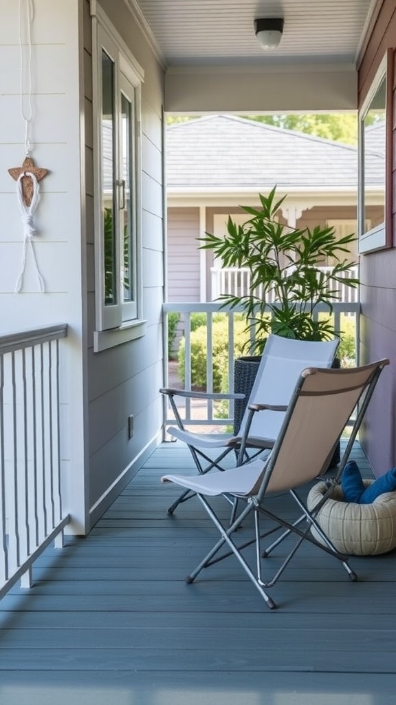 A small front porch with two lightweight folding chairs and a cozy cushion.