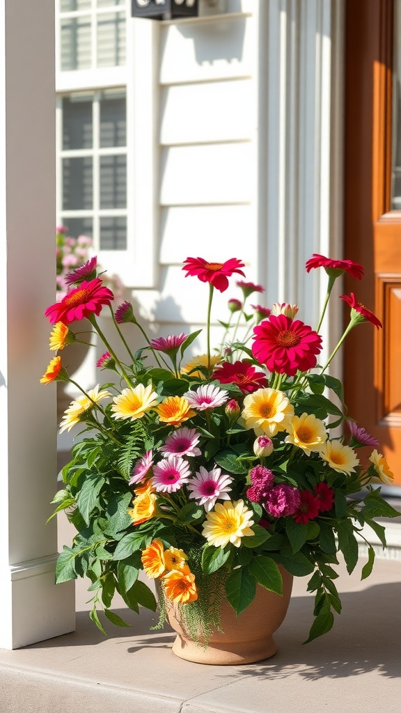 A vibrant arrangement of artificial flowers in a terracotta pot on a front porch.