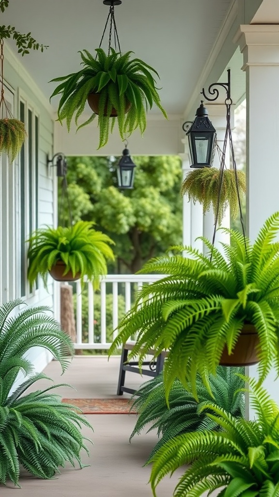 A front porch decorated with vibrant green ferns in hanging pots and on the ground.