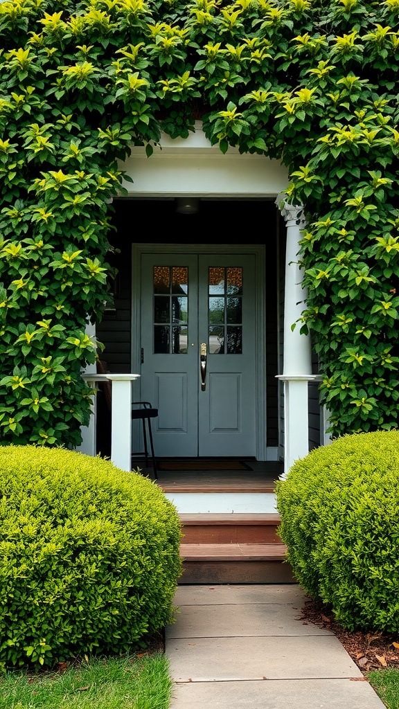 A front porch framed by lush green plants with a welcoming entrance.