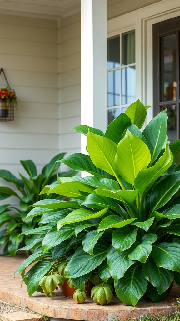 A vibrant display of large green plants on a front porch, showcasing their lush foliage.