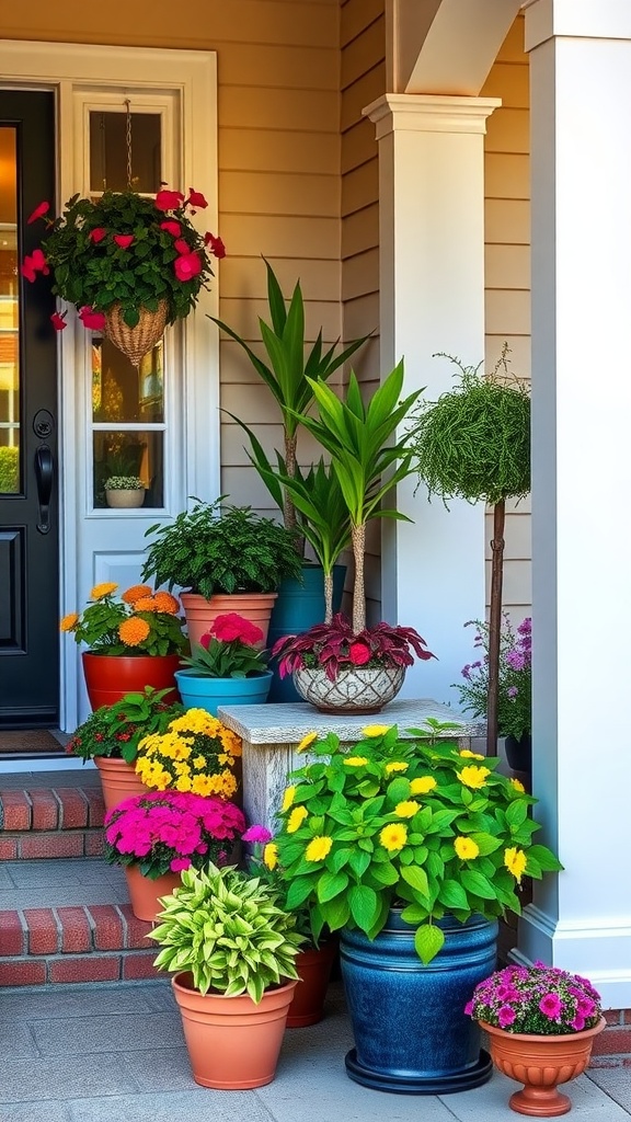 A small front porch decorated with various potted plants in different sizes and colors, featuring flowers and a cozy seating area.