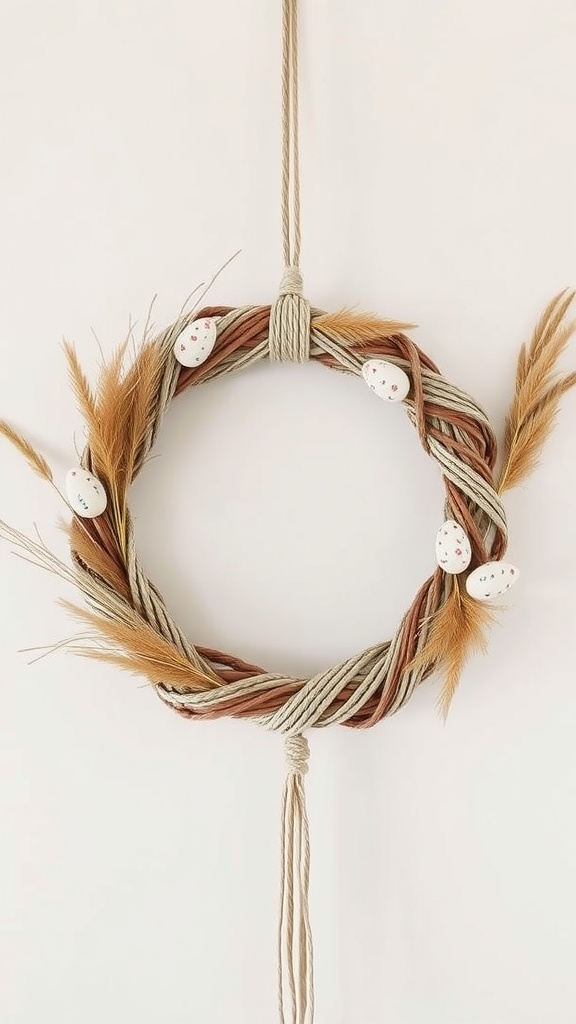 A macrame wreath with natural elements and painted eggs for Easter.