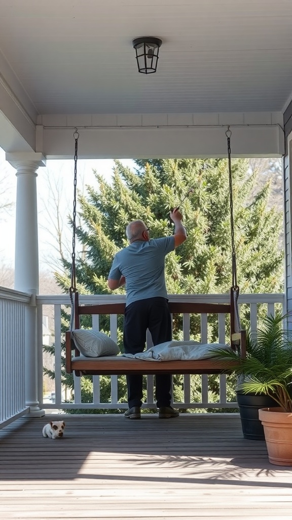 A man cleaning an outdoor porch hanging bed swing with a small dog nearby.