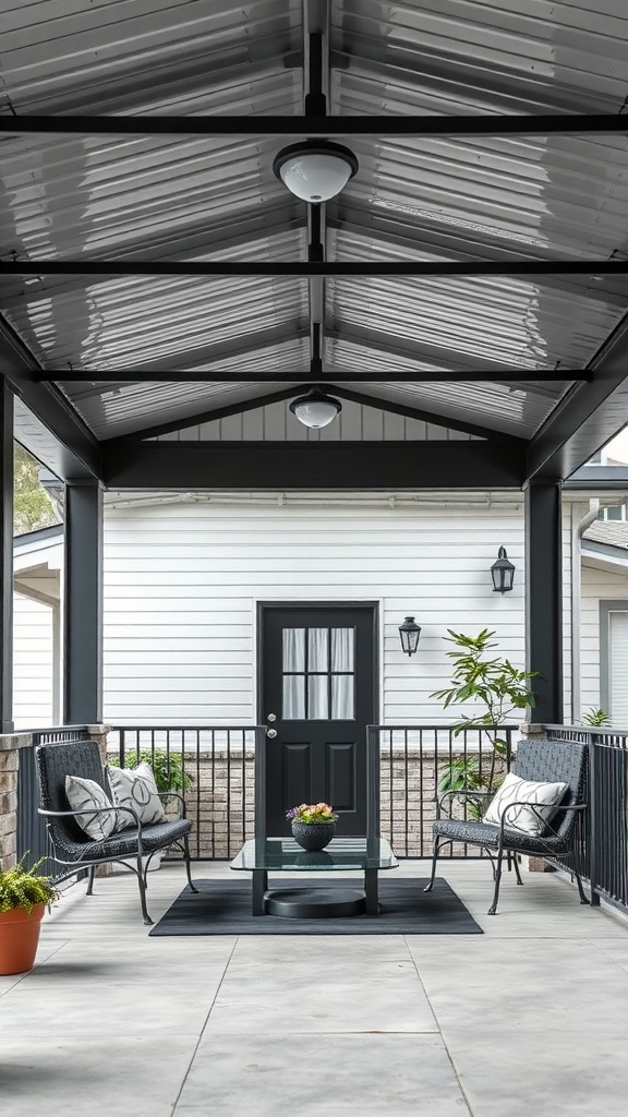 A covered porch with a metal roof, featuring black furniture and potted plants.