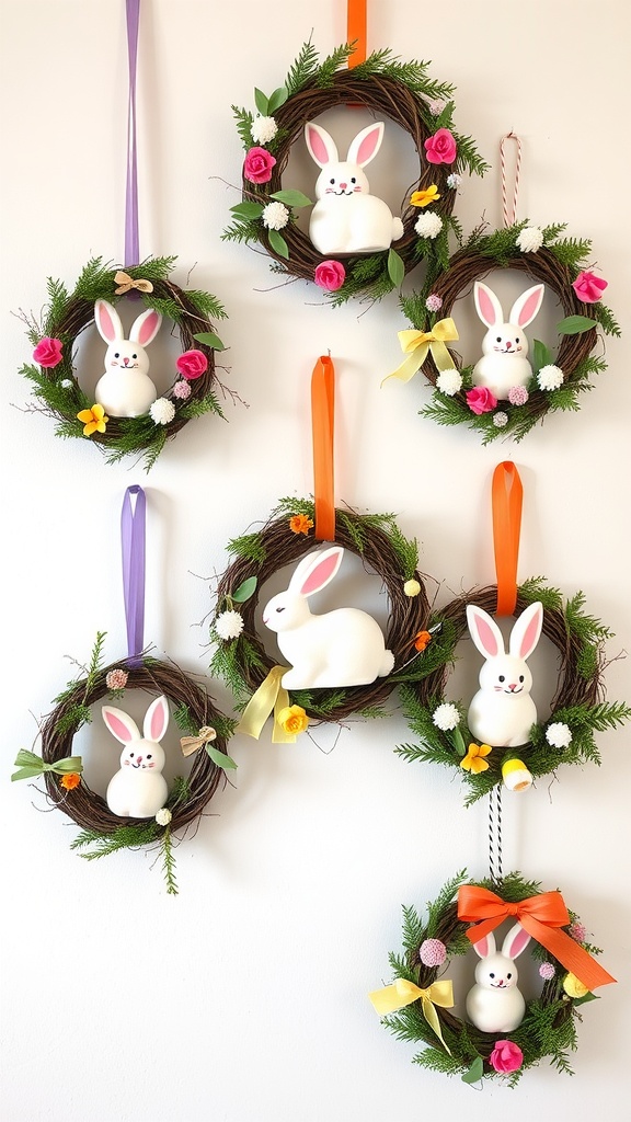 A collection of mini bunny wreaths adorned with colorful flowers and festive ribbons.