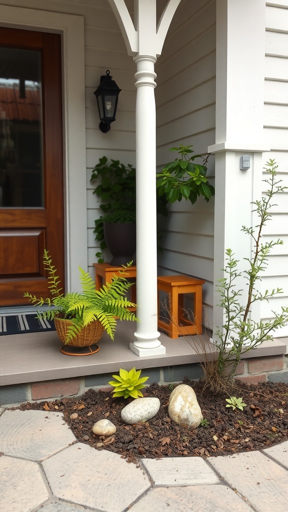 A small decorative garden on a front porch with plants and stones.