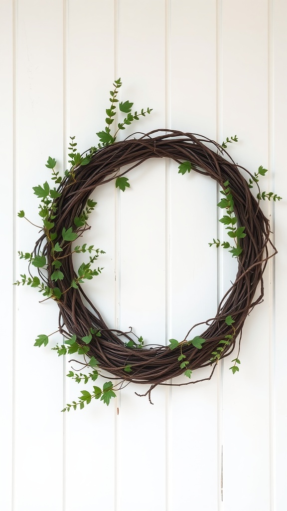 A minimalist grapevine wreath adorned with small green leaves, hanging against a white background.