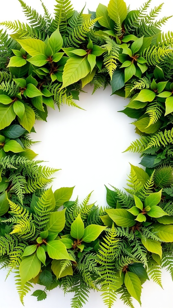 A lush mixed greenery wreath with various shades of green leaves and ferns.