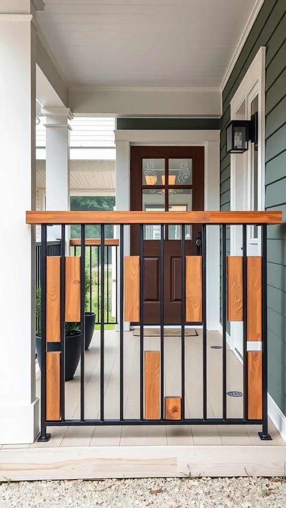 Porch railing featuring a mix of wood and metal.