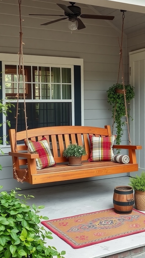 A cozy porch swing with plaid cushions and a small plant.