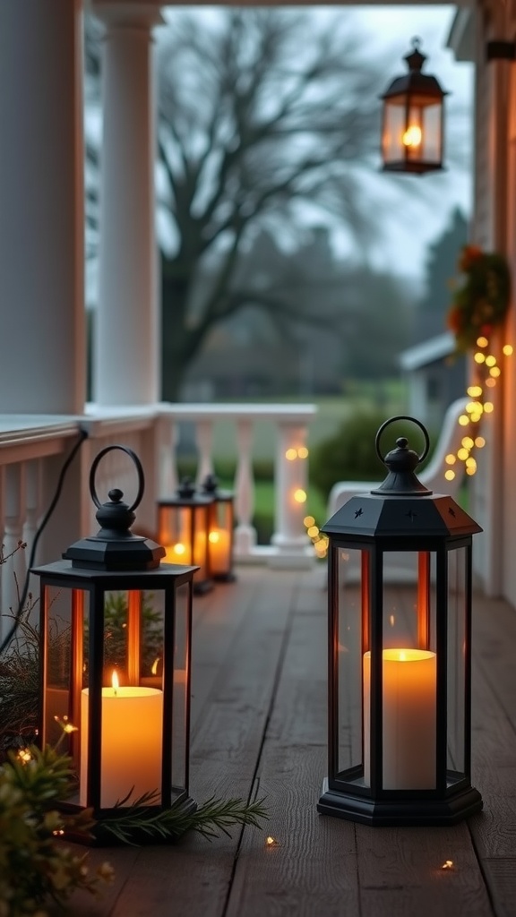 A cozy farmhouse front porch with candles in lanterns, creating a warm and inviting atmosphere.