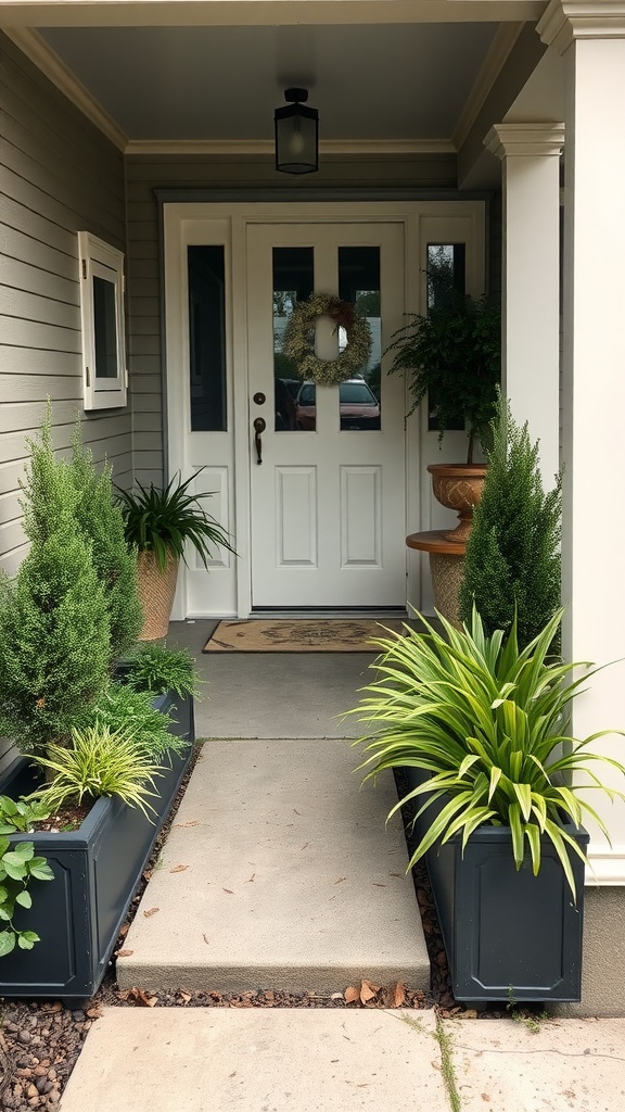 Narrow planter strips with various plants on a front porch