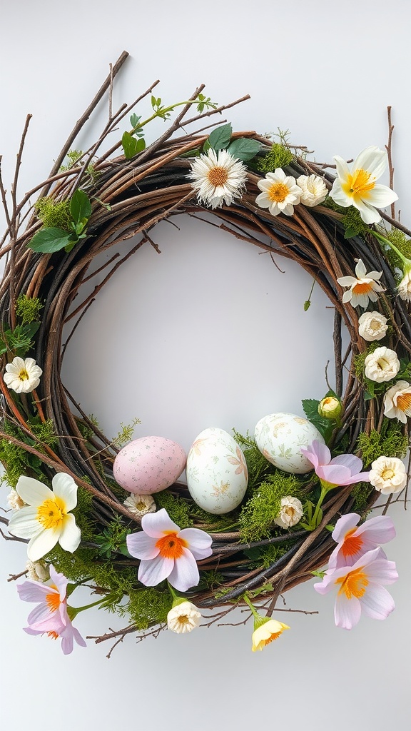 An Easter egg wreath made of twigs, moss, and colorful flowers with decorated eggs.