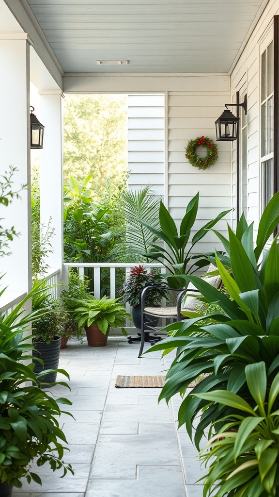 A beautifully decorated summer porch with potted plants and a cozy chair.