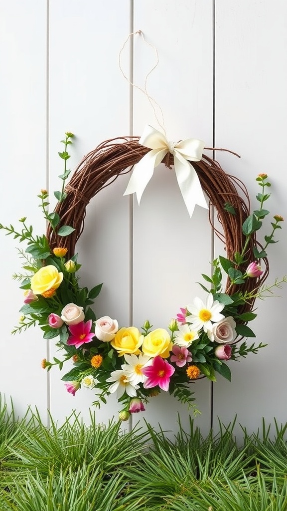 A beautiful Easter wreath made with a natural grapevine base and colorful flowers.