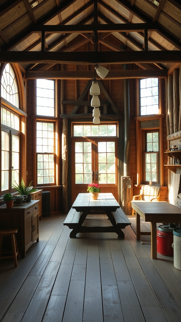 Interior of a rustic farmhouse with large windows and wooden beams.