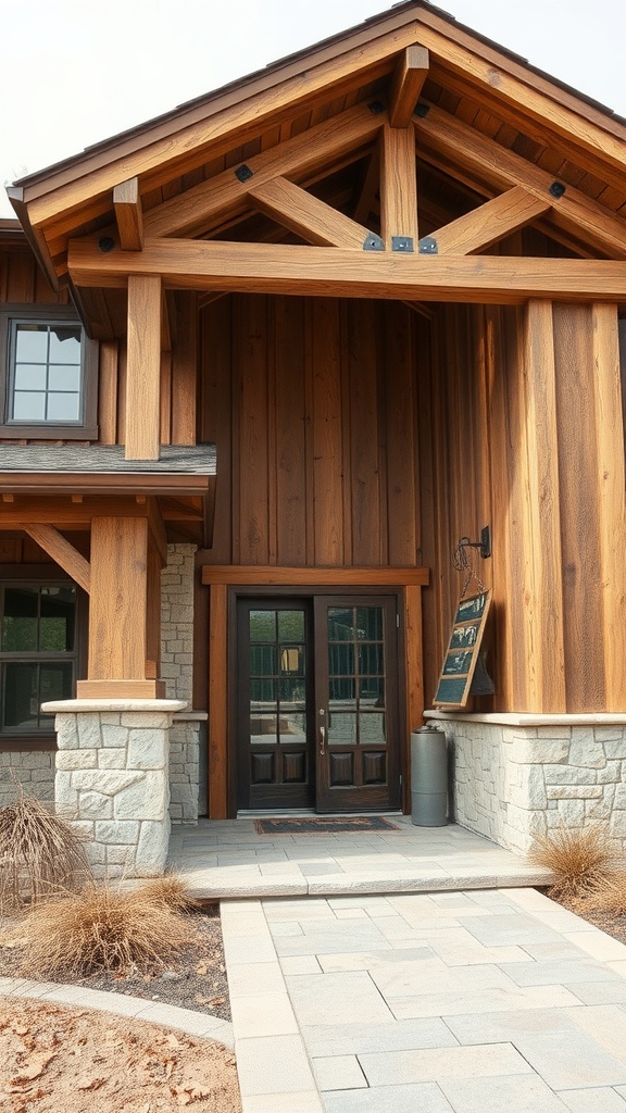 Rustic farmhouse with a wrap-around porch made of natural materials like wood and stone