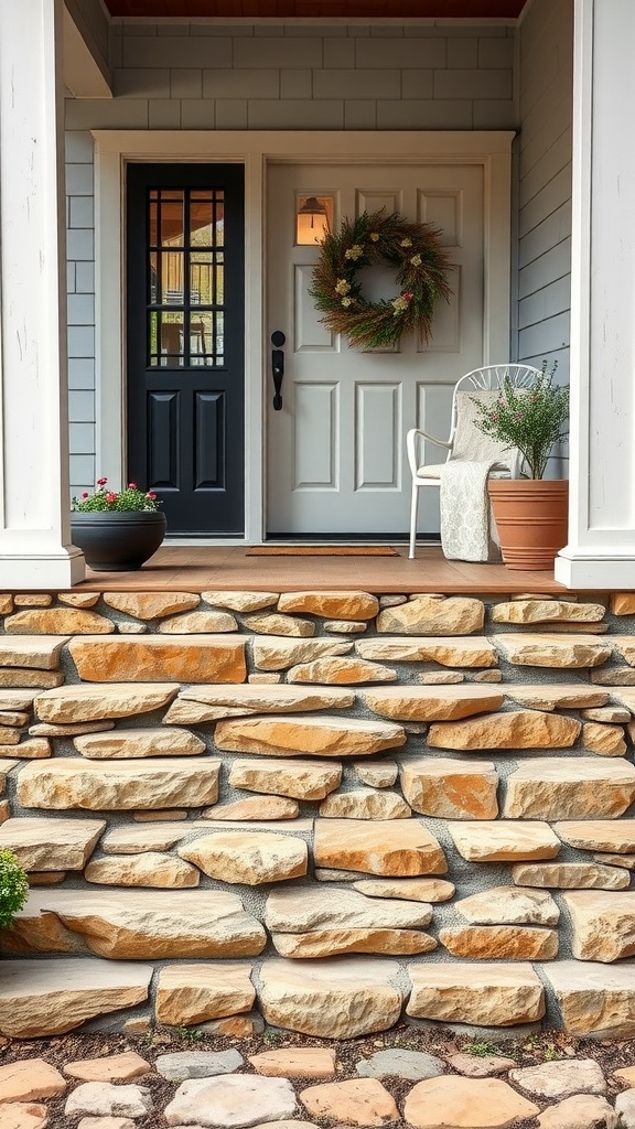 Front porch steps made of natural stone leading to a farmhouse entrance.