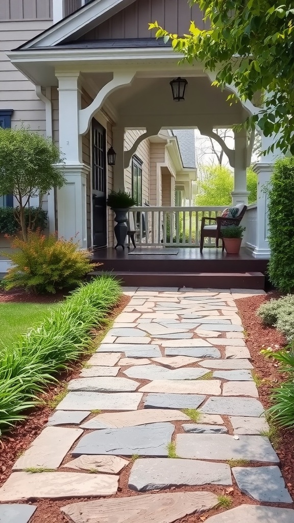 A stone walkway leads to the covered front porch of a house, surrounded by lush green plants and shrubs. The porch features white pillars and a wooden chair with a potted plant beside it. A hanging lantern is visible under the porch roof.