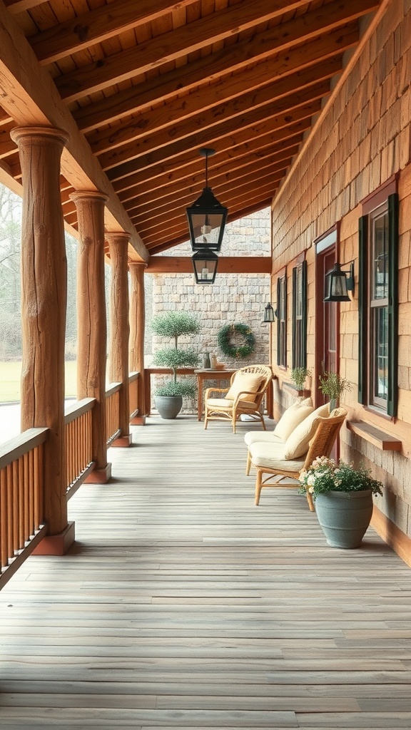 A rustic farmhouse porch with wooden beams, lanterns, and comfortable seating.