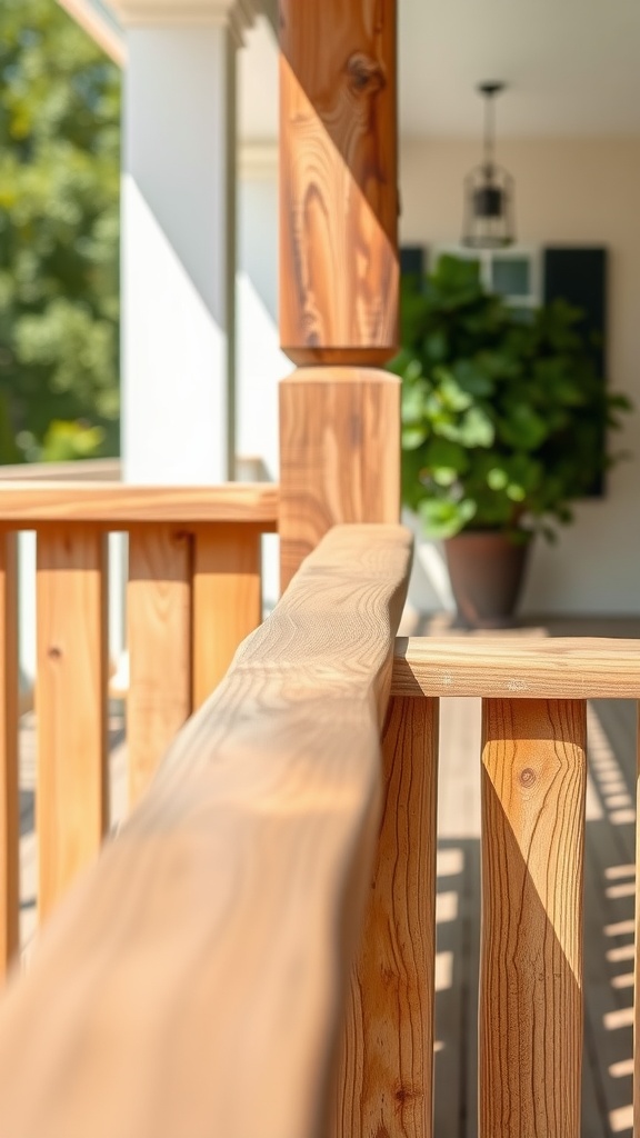 Close-up of a natural wood railing on a porch, showcasing its smooth surface and warm tones.