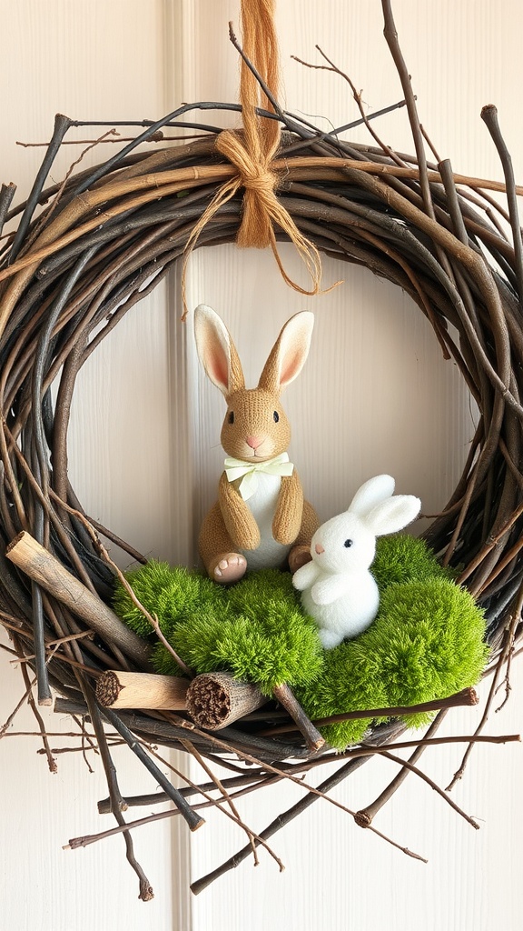 A nature-inspired wreath featuring a bunny and greenery, decorated for spring.