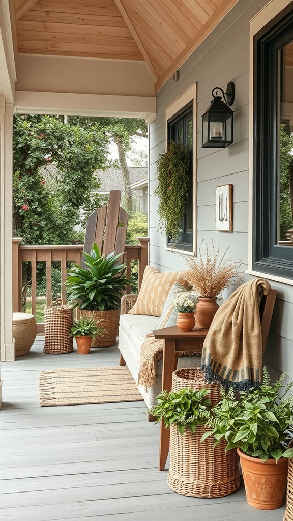 A beautiful spring porch decorated with plants, woven baskets, and soft textiles.