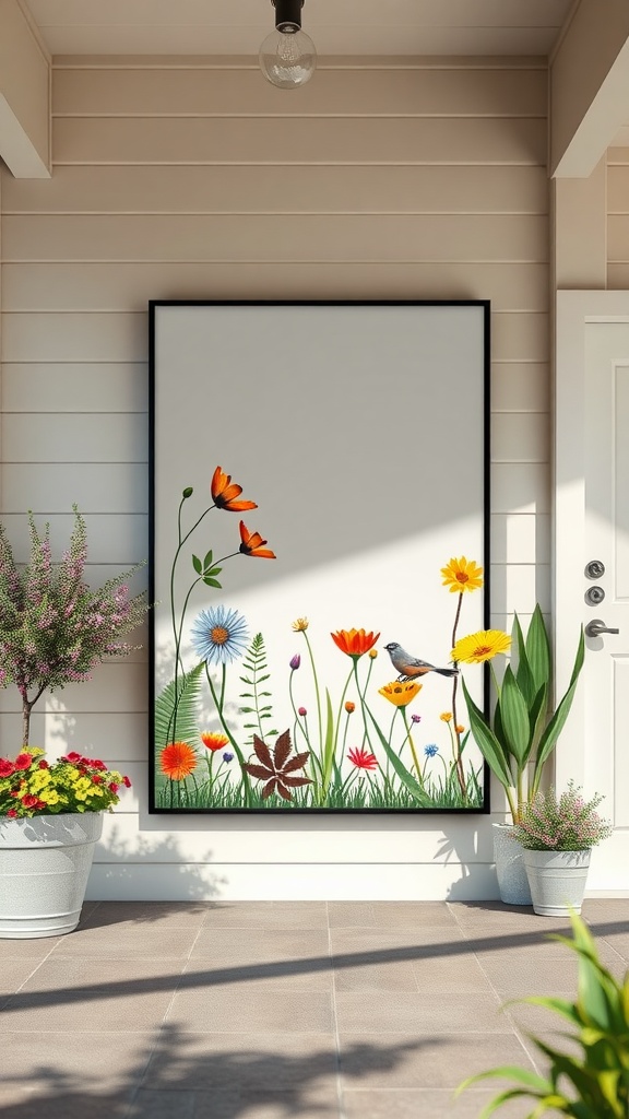 A nature-inspired wall art display featuring colorful flowers and a bird, enhancing a spring-themed front porch.