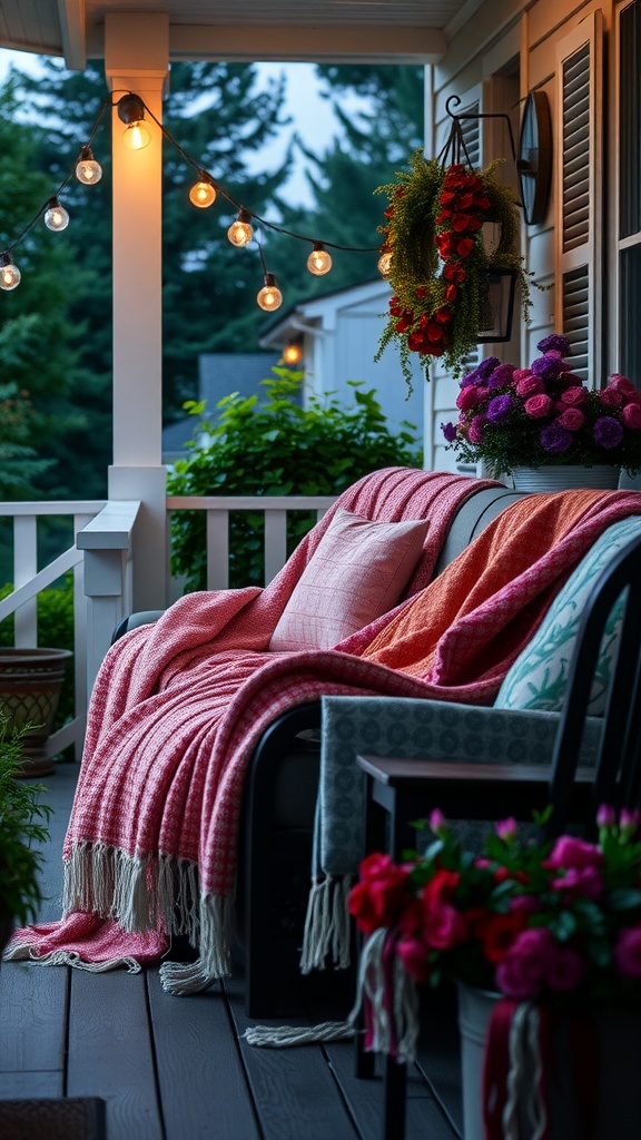 Cozy summer porch decor with colorful blankets, flowers, and string lights.