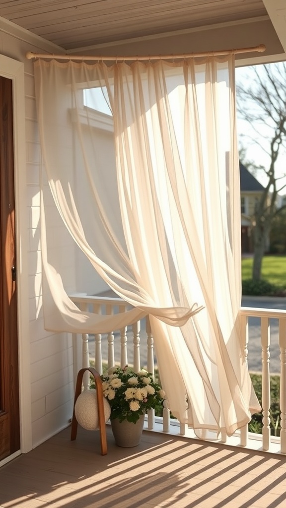 Light, flowing outdoor curtains on a porch with a potted flower arrangement.