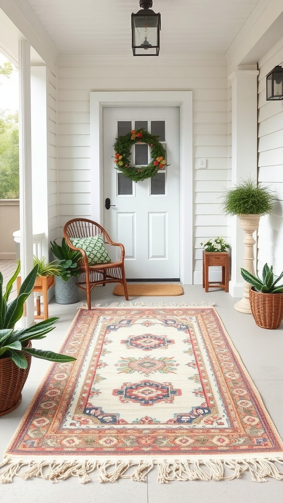 A cozy front porch featuring an outdoor rug, plants, and a welcoming door.