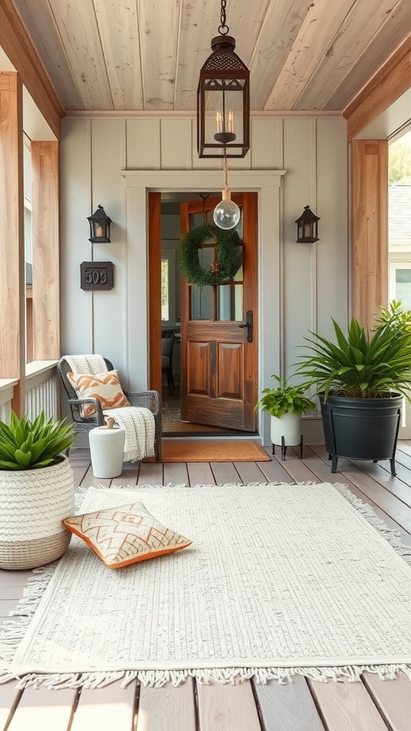 A charming farmhouse front porch with a welcoming outdoor rug and a red door.